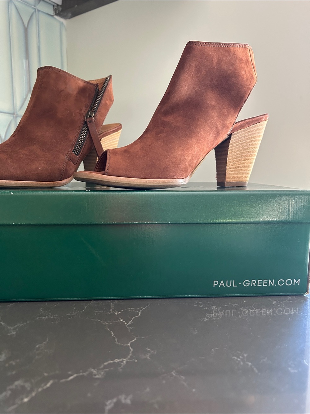 Paul Green Brown Suede Peep-Toe Mules with Stacked Heel